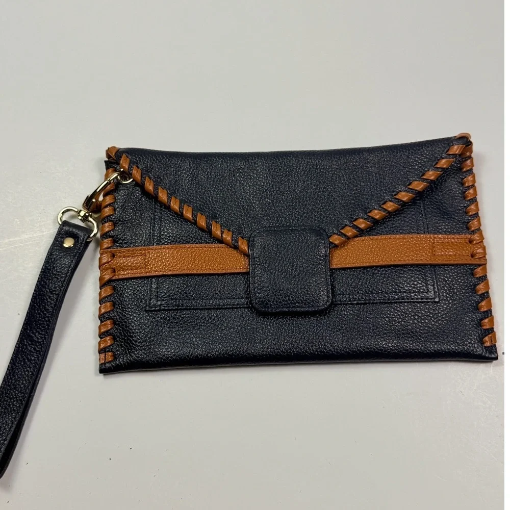 B-Low the belt Navy Blue Pebbled Vegan Leather Wristlet Clutch Tan Whipstitch